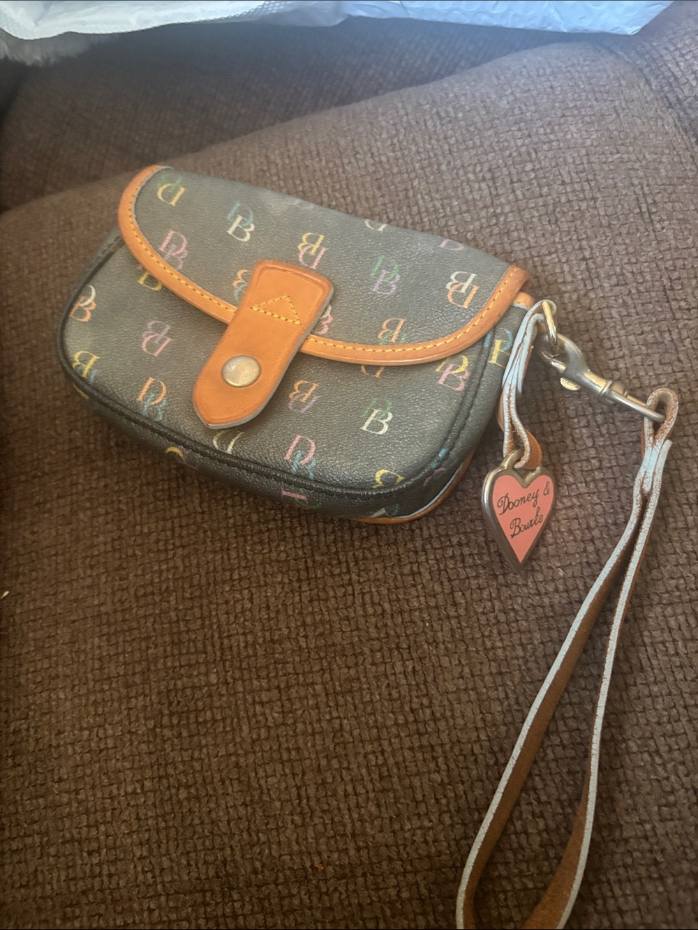 Dooney & Bourke Black Multicolor Signature Wristlet with Brown Trim